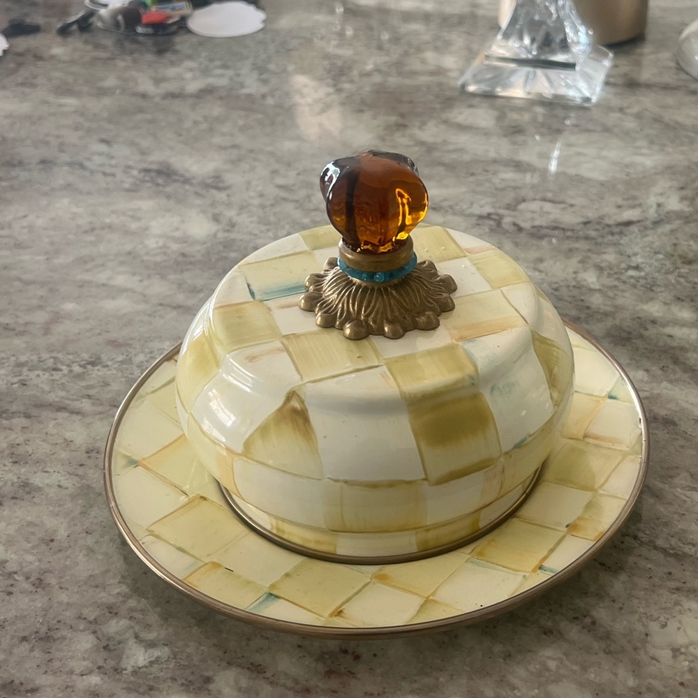 MacKenzie-Childs Yellow and Gold Checkered Butter Dish parchment check
